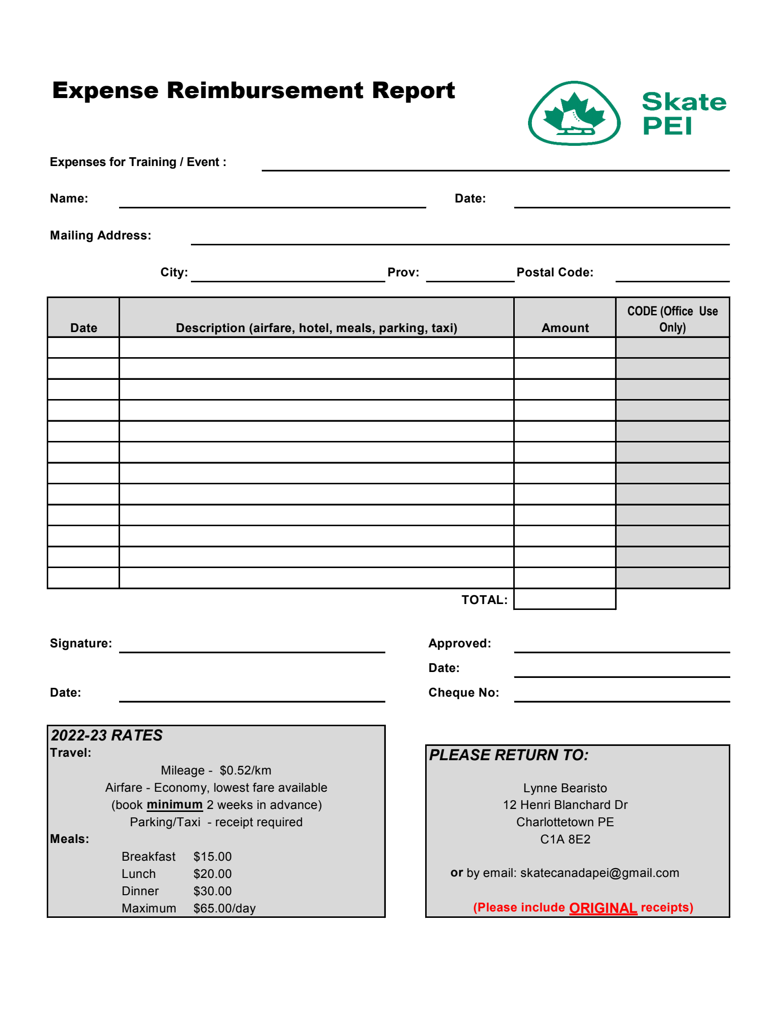 Skate Canada PEI Expense Claim 2022